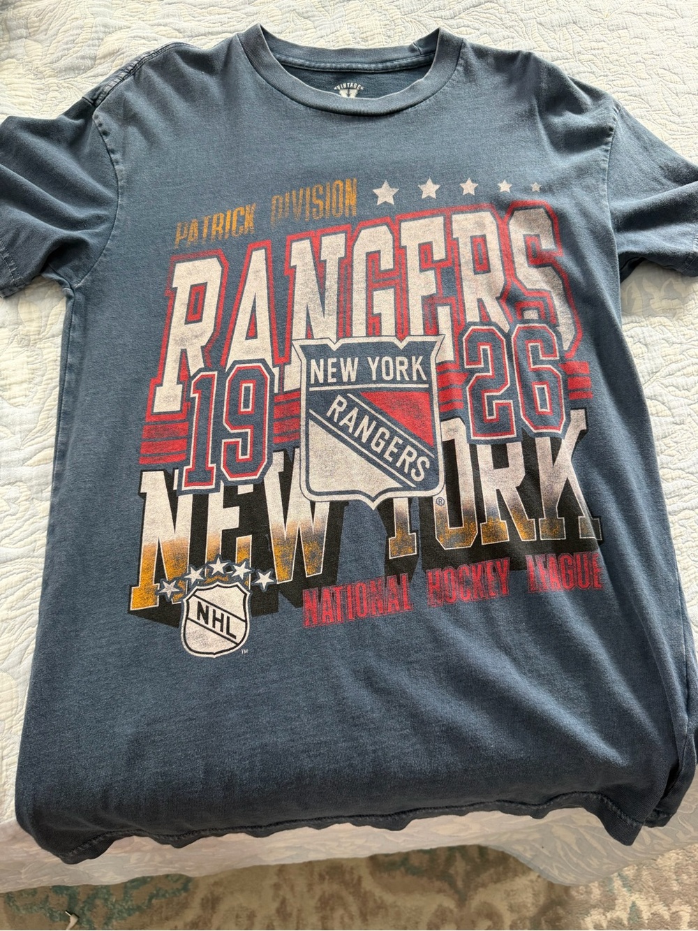 Vintage Navy New York Rangers Graphic Tee with Red and Gold Details